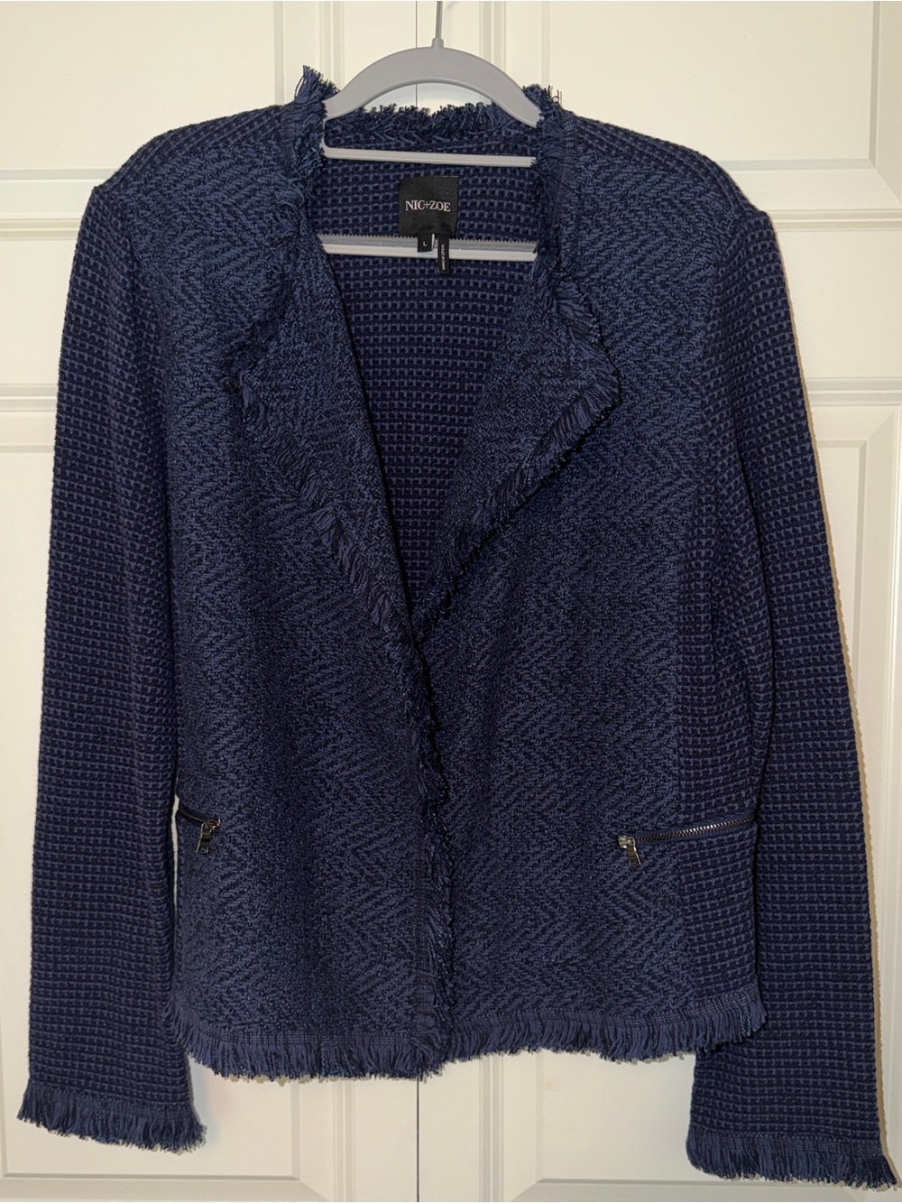 NIC+ZOE Navy Textured Fringe Open-Front Blazer